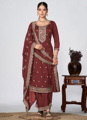 Brown color Vichitra Silk Trendy Salwar Kameez with Embroidered