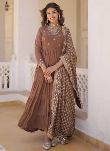 Brown Faux Georgette Embroidered Gown for Ceremonial