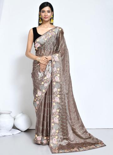 Brown Satin Silk Embroidered Trendy Saree for Engagement