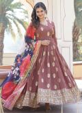 Charming Brown Faux Georgette Embroidered Gown - 1