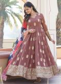 Charming Brown Faux Georgette Embroidered Gown - 2