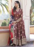 Charming Brown Faux Georgette Embroidered Gown - 3