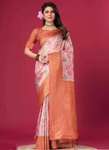 Charming Orange Silk Digital Print Designer Saree for Ceremonial