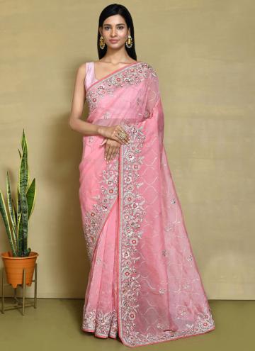 Charming Pink Organza Embroidered Contemporary Sar