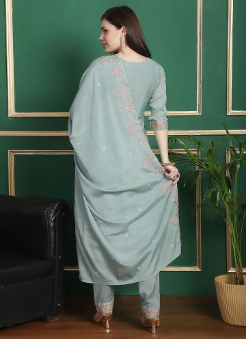 Chiffon Salwar Suit in Turquoise Enhanced with Embroidered