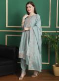 Chiffon Salwar Suit in Turquoise Enhanced with Embroidered - 2