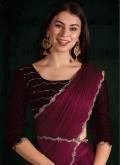 Chiffon Satin Designer Saree in Rani Enhanced with Velvet Patch - 1