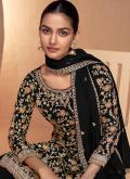 Chinon Designer Salwar Kameez in Black Enhanced with Embroidered - 1