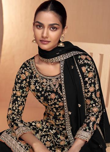 Chinon Designer Salwar Kameez in Black Enhanced with Embroidered