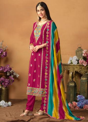 Chinon Designer Salwar Kameez in Rani Enhanced with Embroidered