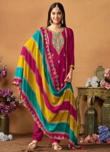 Chinon Designer Salwar Kameez in Rani Enhanced with Embroidered