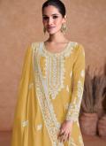 Chinon Salwar Suit in Yellow Enhanced with Embroidered - 1