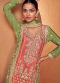 Chinon Trendy Salwar Kameez in Green and Peach Enhanced with Embroidered - 1
