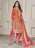 Chinon Trendy Salwar Suit in Orange Enhanced with Embroidered - 1