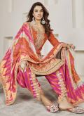 Chinon Trendy Salwar Suit in Orange Enhanced with Embroidered - 2