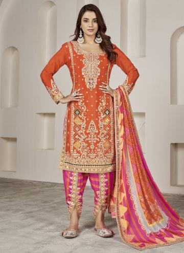 Chinon Trendy Salwar Suit in Orange Enhanced with Embroidered