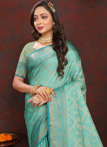 Classic Designer Saree in Turquoise Enhanced with Woven