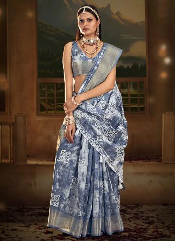Cotton  Classic Designer Saree in Blue Enhanced with Digital Print