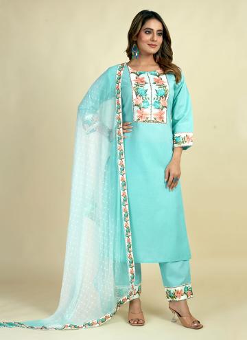 Cotton  Designer Salwar Kameez in Blue Enhanced with Designer