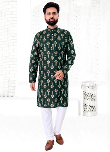 Cotton  Kurta Pyjama in Green Enhanced with Foil P