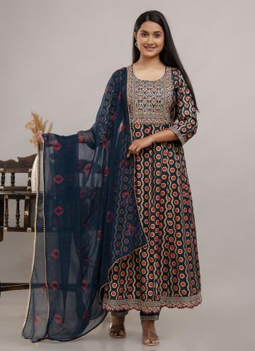 Cotton  Salwar Suit in Blue Enhanced with Embroide