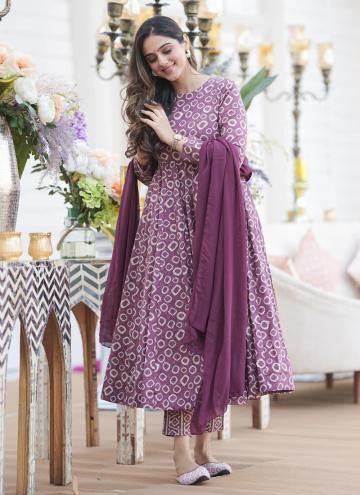 Cotton Silk Designer Gown in Purple Enhanced with Digital Print