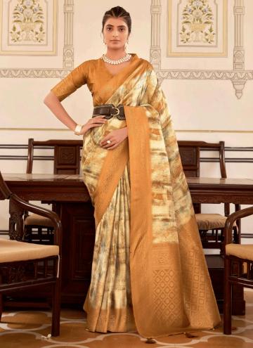 Cream and Gold color Nylon Classic Designer Saree with Fancy work
