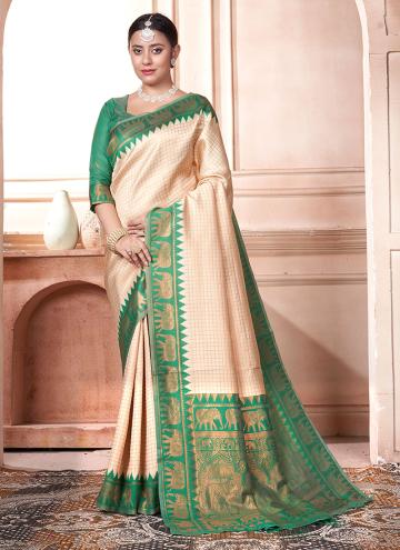 Cream and Green color Woven Kanjivaram Silk Contemporary Saree