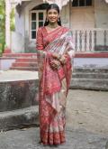 Cream and Maroon Designer Saree in Tussar Silk with Printed - 2