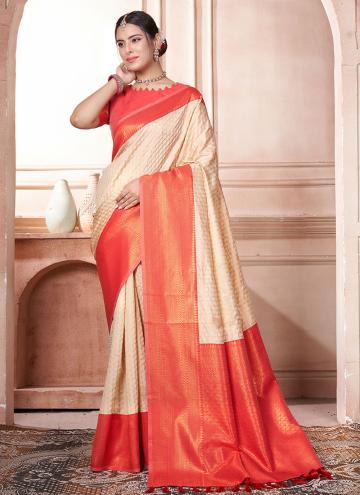 Cream and Orange Kanjivaram Silk Woven Designer Saree for Ceremonial