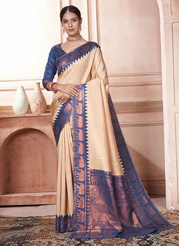 Cream and Purple Kanjivaram Silk Woven Designer Saree for Ceremonial