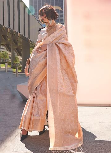 Cream color Handloom Silk Designer Saree with Wove
