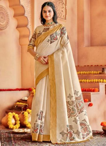 Cream color Silk Classic Designer Saree with Digit
