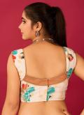 Cream Designer Blouse in Satin with Floral Print - 1