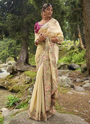 Cream Silk Embroidered Classic Designer Saree for Ceremonial