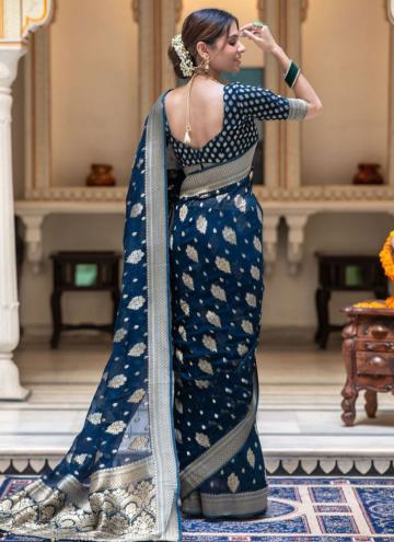 Dazzling Blue Banarasi Jacquard Work Trendy Saree for Ceremonial