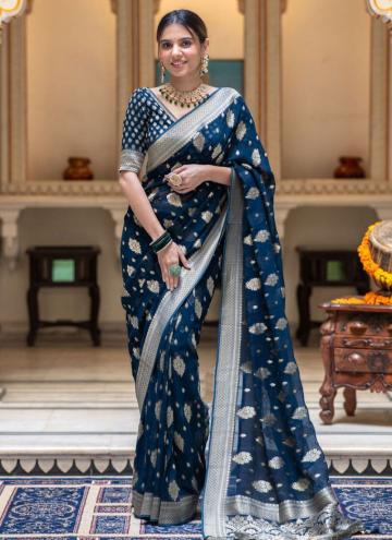 Dazzling Blue Banarasi Jacquard Work Trendy Saree for Ceremonial