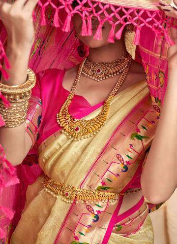 Dazzling Cream Silk Jacquard Work Contemporary Saree for Ceremonial