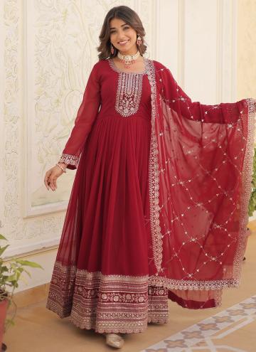 Dazzling Embroidered Faux Georgette Maroon Gown