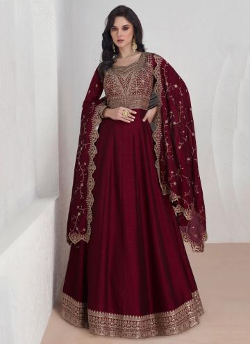 Dazzling Maroon Silk Embroidered Readymade Designer Gown