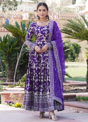 Dazzling Purple Viscose Embroidered Gown for Ceremonial