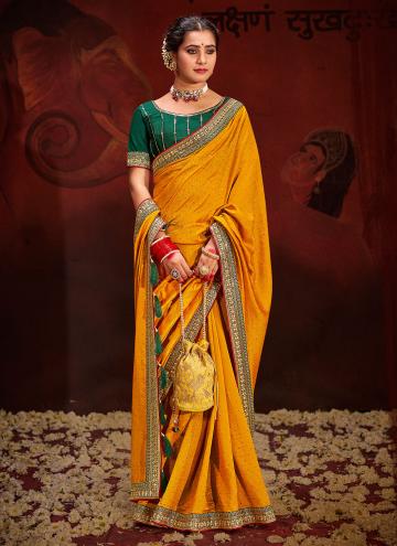 Dazzling Sequins Work Vichitra Silk Yellow Designer Saree
