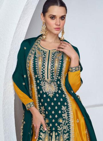 Embroidered Chinon Mustard and Teal Salwar Suit