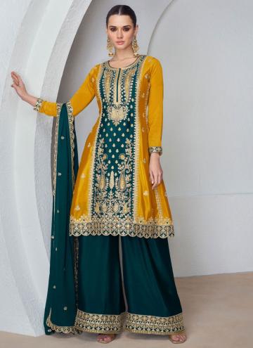 Embroidered Chinon Mustard and Teal Salwar Suit