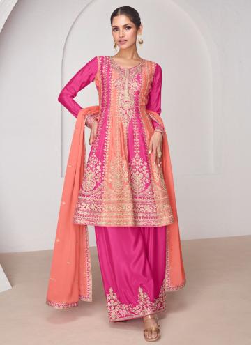 Embroidered Chinon Peach and Pink Trendy Salwar Kameez