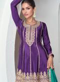 Embroidered Chinon Purple Palazzo Suit - 1