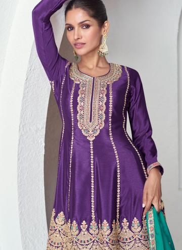 Embroidered Chinon Purple Palazzo Suit