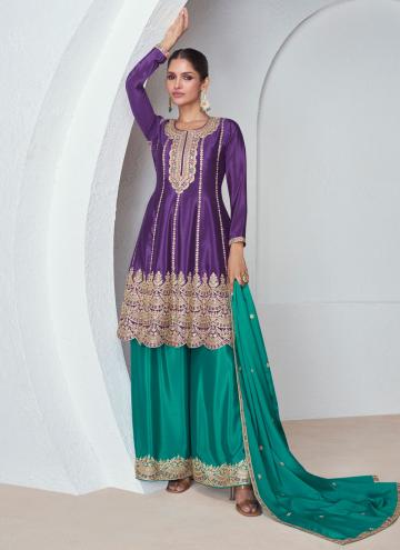 Embroidered Chinon Purple Palazzo Suit