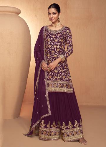 Embroidered Chinon Wine Salwar Suit