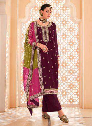 Embroidered Chinon Wine Salwar Suit